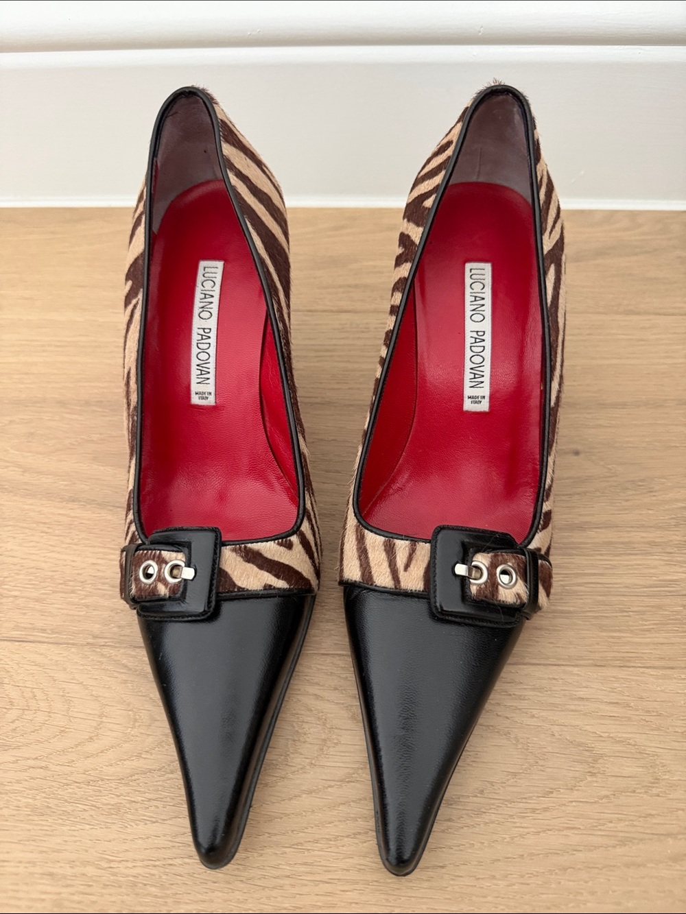 Luciano Padovan Zebra-Print Pointed Toe Pumps in Black-Brown Tiger Print, Sz 37